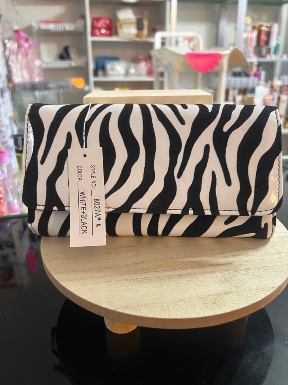 Zebra Print Foldover Clutch Wallet - White/Black